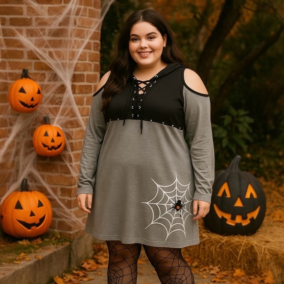 NEW Halloween Dress Plus Size 3X Whimsigoth Hoodie Lace Up Bodice Stretch Comfy - Picture 1 of 12